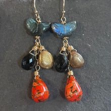 Load image into Gallery viewer, Butterfly Labradorite and Orange Turquoise Earrings,  OOAK