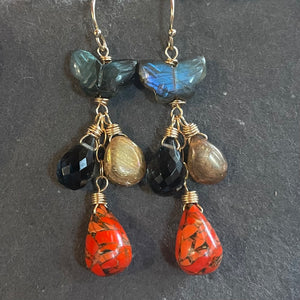 Butterfly Labradorite and Orange Turquoise Earrings,  OOAK