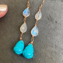 Load image into Gallery viewer, Carved Turquoise Hive and Moonstone Earrings, Rose Gold, OOAK