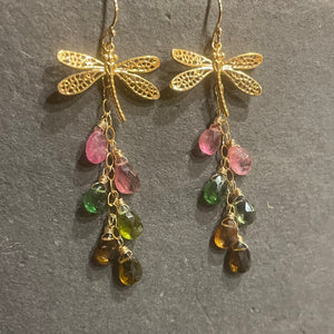 Rare Tourmaline Dragonfly Cascade Earrings, OOAK