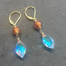 Load image into Gallery viewer, Murano Glass and Fire Rainbow Moonstone Dewdrop Dangles, metal choices