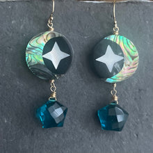 Load image into Gallery viewer, Mother of Pearl Moon and Stars Earrings, Teal Star OOAK