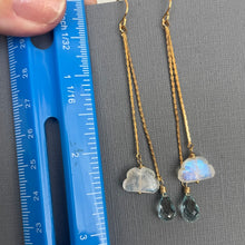 Load image into Gallery viewer, Spring Clouds Rainbow Moonstone and Blue Topaz Tassel Earrings