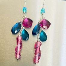 Load image into Gallery viewer, Dichroic Pink Glass Cascade Earrings, Opal and Quartz, Metal options