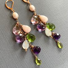 Load image into Gallery viewer, Pink Opal, Mystic Quartz, Amethyst, Peridot, Pearl and Quartz Cascade Cluster Earrings, metal and earwire options