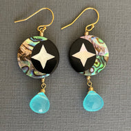 Mother of Pearl Moon and Stars Earrings, Turquoise Chalcedony, OOAK