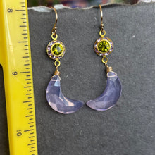 Load image into Gallery viewer, Lavender and Peridot Green Carved Moon Dangles