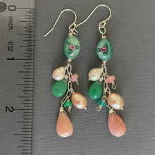 Load image into Gallery viewer, Pink Opal, Vintage Glass, Pearl, Opal and Chrysoprase Cascade Earrings, OOAK
