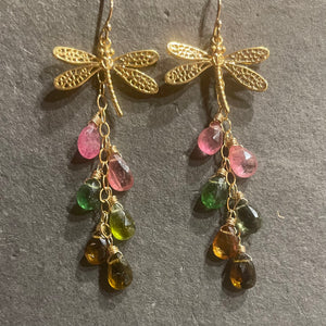 Rare Tourmaline Dragonfly Cascade Earrings, OOAK