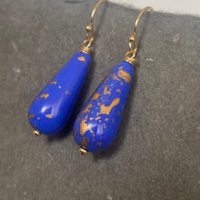 Load image into Gallery viewer, Royal Blue and Gold Teardrop Czech Glass Dangle Earrings