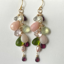 Load image into Gallery viewer, Pink Opal, Prehnite, Garnet, Pearl and Quartz Cascade Cluster Earrings, metal and earwire options