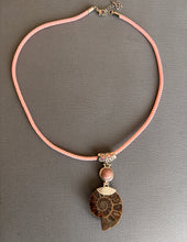 Load image into Gallery viewer, Ammonite Fossil and Pink Agate Earrings OOAK