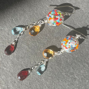 Sterling Version Klimt-ish Murano Glass and Gemstone Dangle Earrings