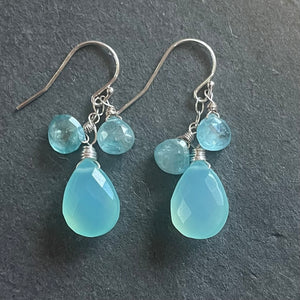 Blue Zircon and Chalcedony Dangle Earrings, OOAK