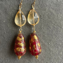Load image into Gallery viewer, Citrine and Crimson oh la la Teardrop Murano Glass Dangle Earrings