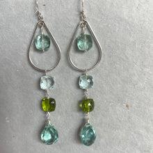 Load image into Gallery viewer, Sparkling Aquamarine Blues and Peridot Green Cushion Cut Hoop Earrings