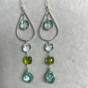 Sparkling Aquamarine Blues and Peridot Green Cushion Cut Hoop Earrings