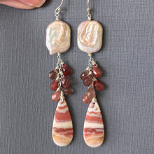 Load image into Gallery viewer, Biwa Pearl, Pink Agate and Andesine Labradorite Earrings, OOAK