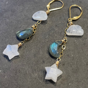 Cloud, Star, and Moon Earrings, Rainbow Moonstone and Labradorite, OOAK