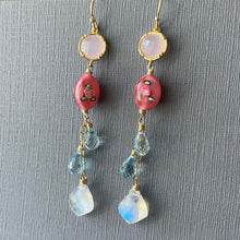 Load image into Gallery viewer, Moroccan Cut Moonstone, Vintage Glass, and Blue Topaz Long Dangles, OOAK