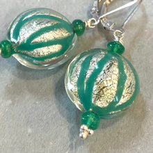 Load image into Gallery viewer, Geometic Silver Foil Murano Glass and Opal Dangle Earrings