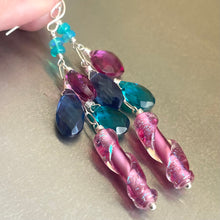 Load image into Gallery viewer, Dichroic Pink Glass Cascade Earrings, Opal and Quartz, Metal options