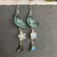 Load image into Gallery viewer, Crescent Moon and Star Earrings, metal and earwire options