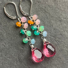 Load image into Gallery viewer, Sapphire Pink Quartz and Rainbow Welo Opal earrings, Leverback option