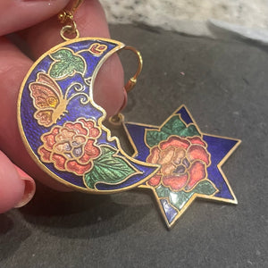 Vintage Cloisonné Estate Moon and Star Earrings, OOAK