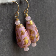 Pink and Gold oh la la Teardrop Murano Glass Dangle Earrings