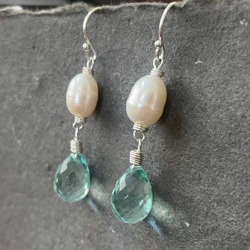 Seafoam Quartz and Pearl Earrings, Metal Options