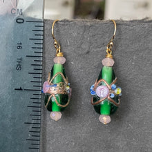 Load image into Gallery viewer, Vintage Wedding Cake Emerald Green Teardrop Earrings, Metal Options