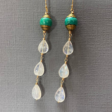 Load image into Gallery viewer, Artisan Turquoise and Rainbow Moonstone Dangle Earrings, OOAK