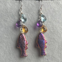 Load image into Gallery viewer, Iridescent Czech Glass Fish and Birthstone Earrings