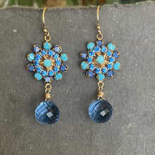 Load image into Gallery viewer, Turquoise and Sapphire Crystal and Quartz Floral Teardrop Earrings