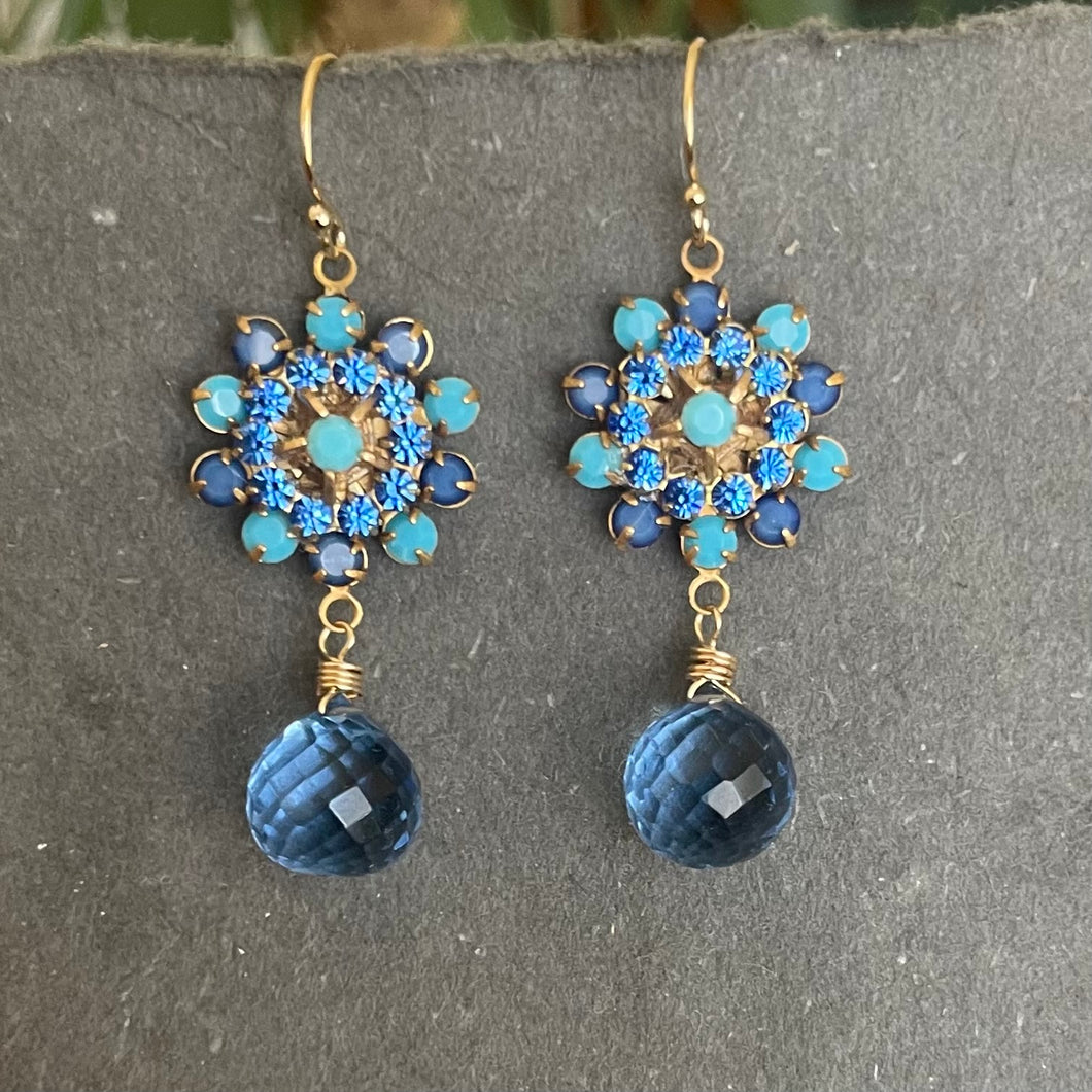 Turquoise and Sapphire Crystal and Quartz Floral Teardrop Earrings