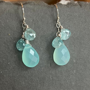 Blue Zircon and Chalcedony Dangle Earrings, OOAK