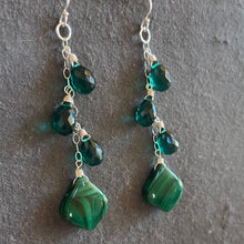 Load image into Gallery viewer, Emerald Green Malachite and Quartz Trio Cascade Earrings, OOAK