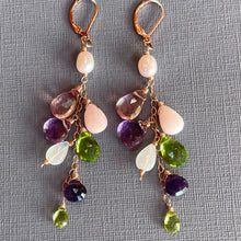 Load image into Gallery viewer, Pink Opal, Mystic Quartz, Amethyst, Peridot, Pearl and Quartz Cascade Cluster Earrings, metal and earwire options
