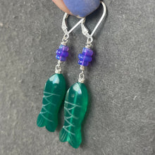 Load image into Gallery viewer, Carved Green Onyx and Opal Fish earrings