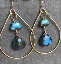 Load image into Gallery viewer, Raincloud and Raindrop Labradorite KATIE Hammered 2&quot; Hoop Earrings Size: Medium , sterling, rose gold or gold