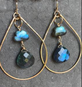 Raincloud and Raindrop Labradorite KATIE Hammered 2" Hoop Earrings Size: Medium , sterling, rose gold or gold