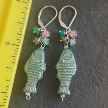 Load image into Gallery viewer, Calm Green Czech Glass and Opal Fish Earrings, OOAK