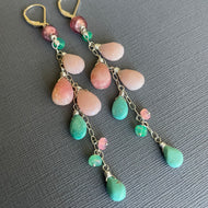 Pink Opal, Murano Glass, Amethyst, Turquoise Cascade Cluster Earrings