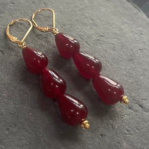 Garnet Red Jade Straight Dangle Trio Earrings