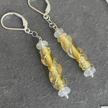 Load image into Gallery viewer, Dichroic Lemon Murano Glass Dangle Earrings, Opal and Quartz, Metal options