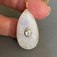 Blue Topaz Rainbow Moonstone Inlay  Cut Necklace, Oval, OOAK