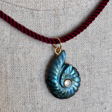 Load image into Gallery viewer, Labradorite and Cubic Zirconia carved Ammonite Necklace, Plummy Cord