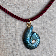 Labradorite and Cubic Zirconia carved Ammonite Necklace, Plummy Cord