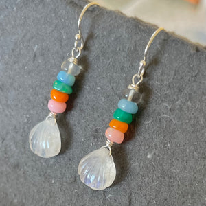 Rainbow Moonstone and Opal Carved Shell Earrings